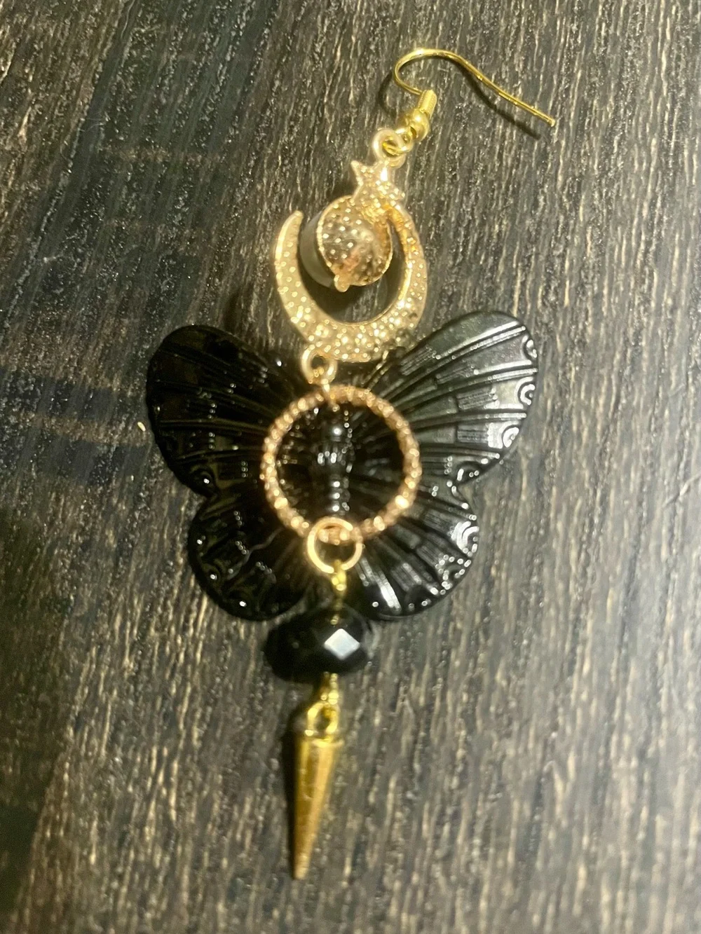 Artisan Crafted Gold and Black Butterfly Crescent Earrings with Pearl